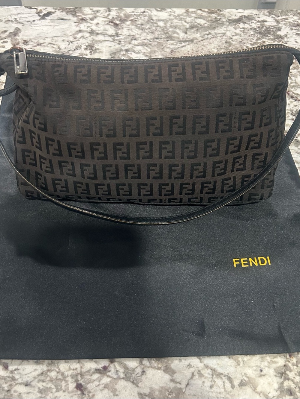 VTG Fendi Zucchino FF Monogram Logo Mini Pochette Shoulder Bag Black-Grey